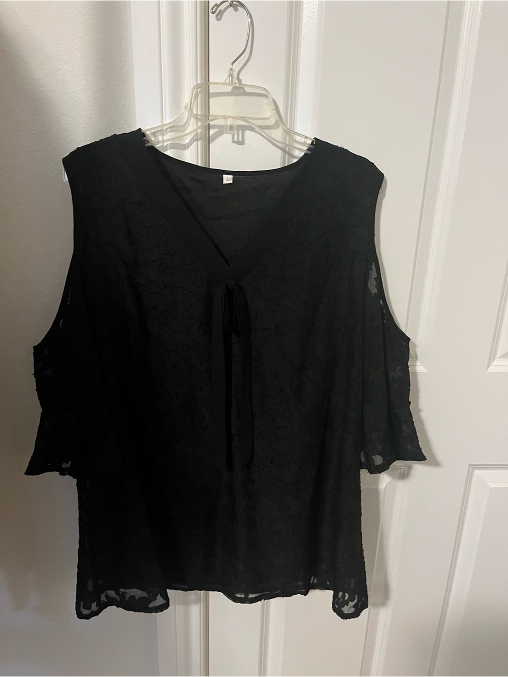 Black Cold-Shoulder Lace Tie-Neck Women's Top